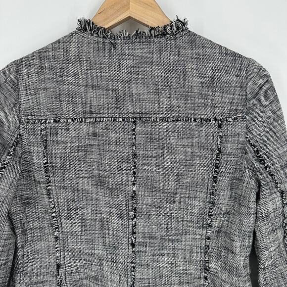 Rebecca Taylor Tweed Fringe Trim Peplum Blazer Raw Edge Trim Collarless Jacket - Picture 9 of 13